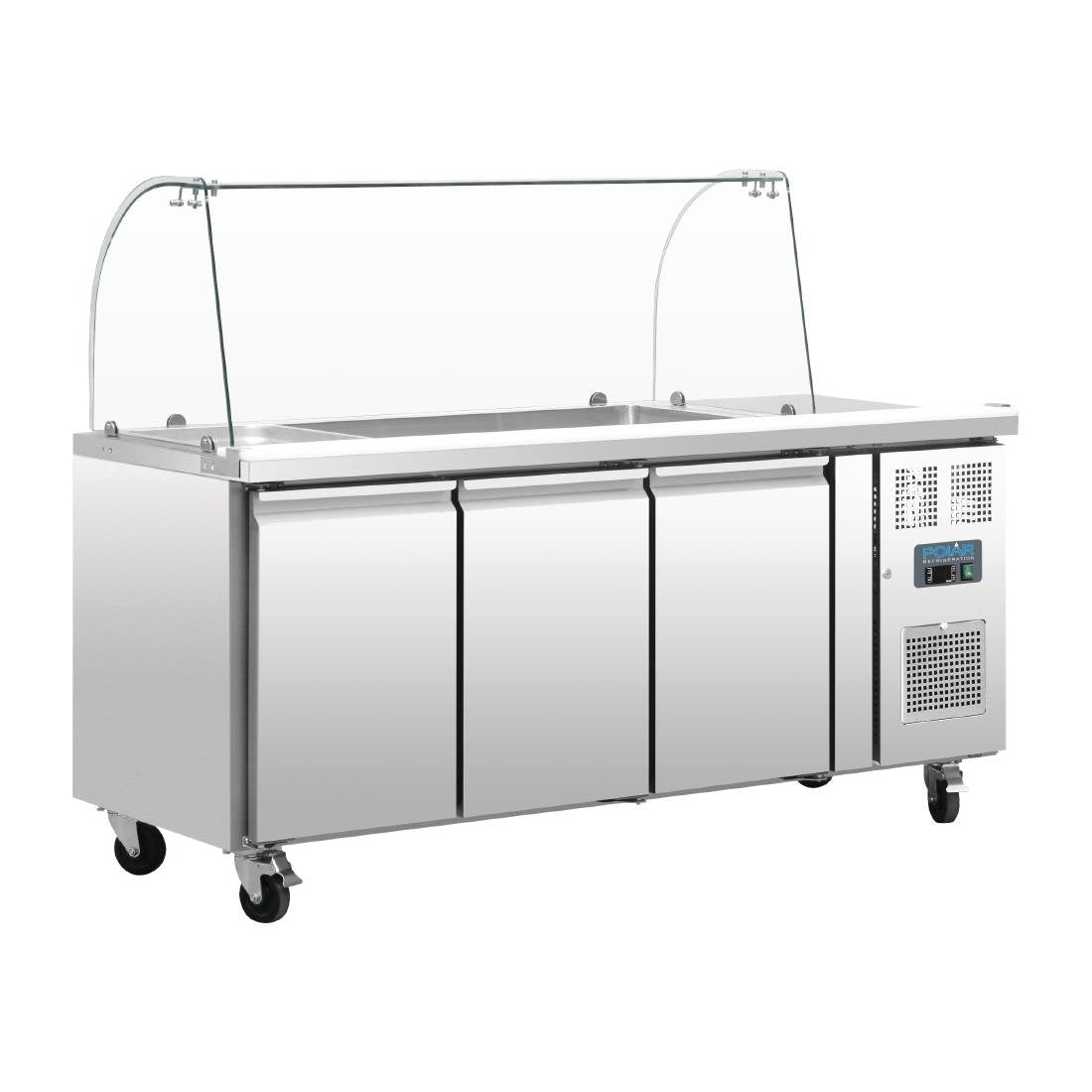 Image of Polar U-Series Refrigerated GN Counter Saladette with Sneeze Guard - 3 Door