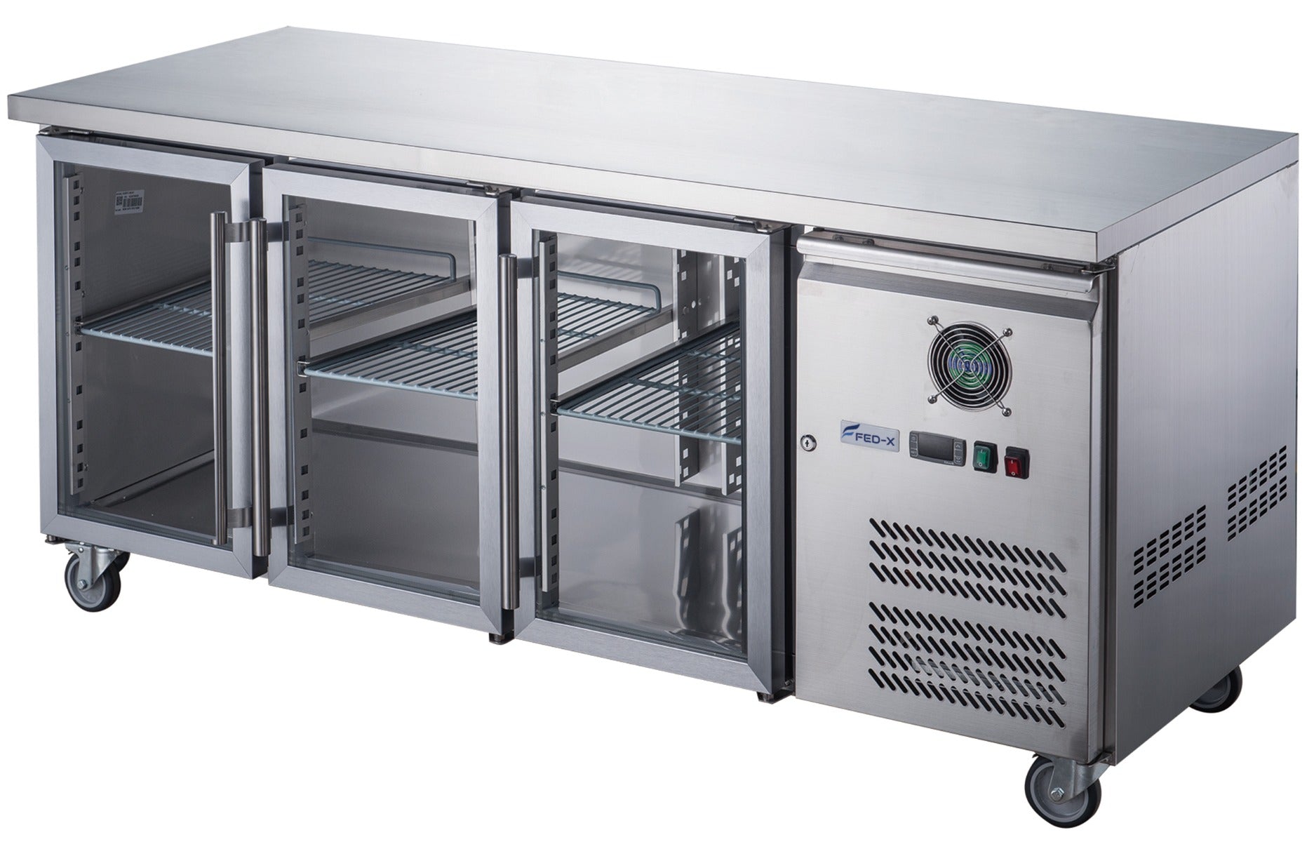 Image of FED-X XUB6C18G3V Three Glass Door Bench Fridge Stainless Steel
