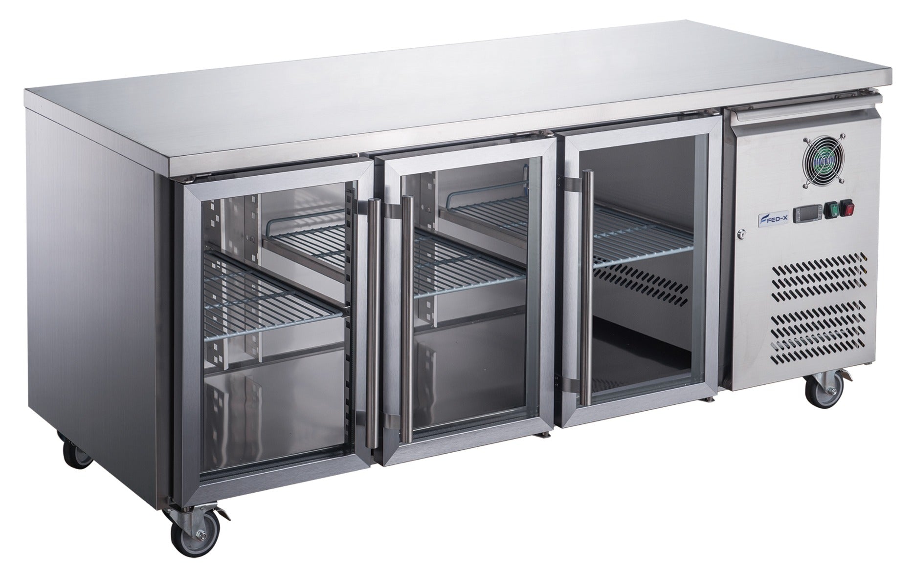 Image of FED-X XUB7C18G3V Three Glass Door Bench Fridge Stainless Steel